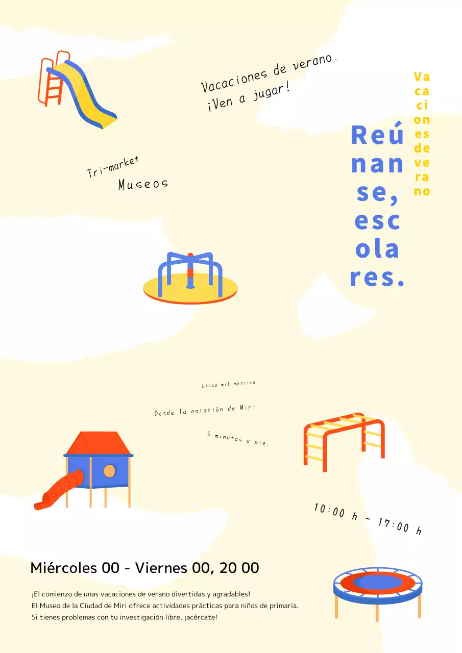 Publicidad para el simpático evento de experiencias infantiles amarillo y rojo.