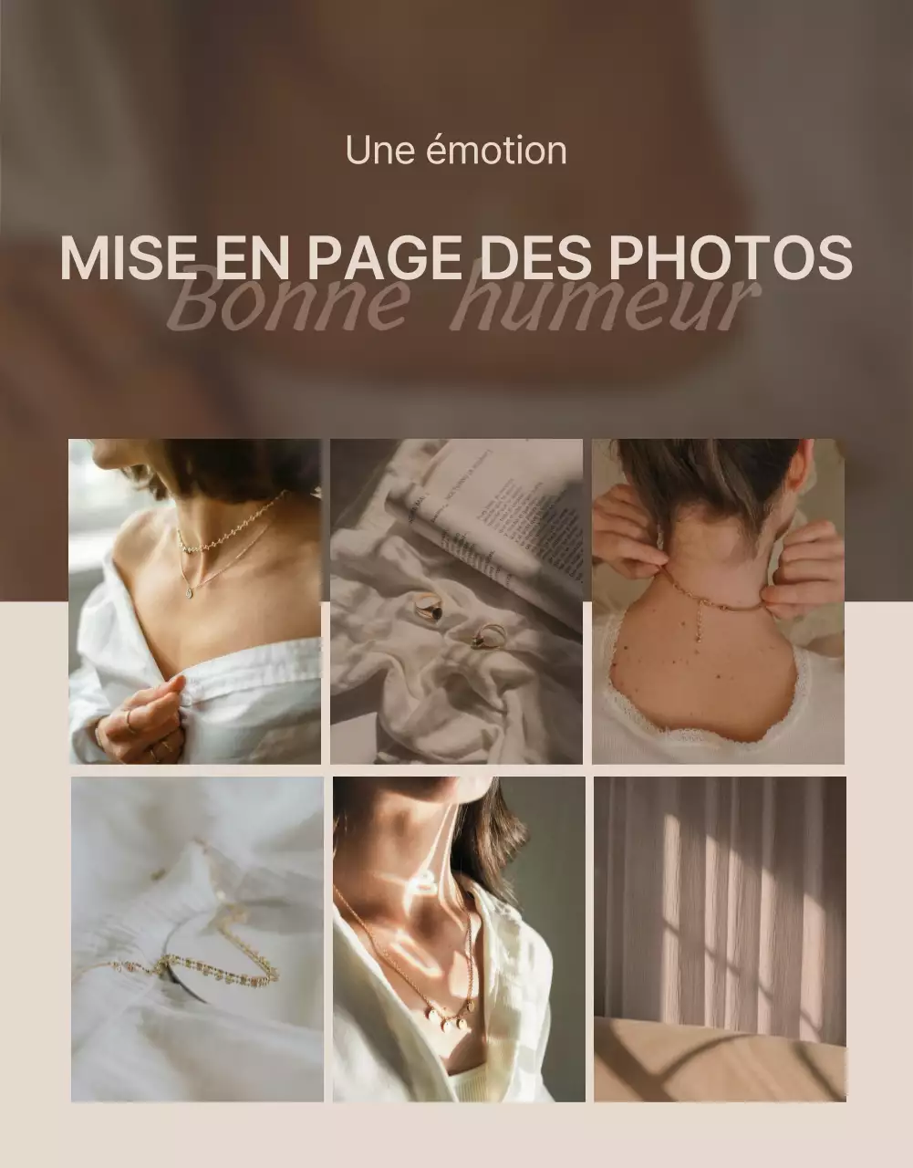 Faites la promotion de votre page avec une mise en page de photos de bijoux dans des tons bruns et beiges.