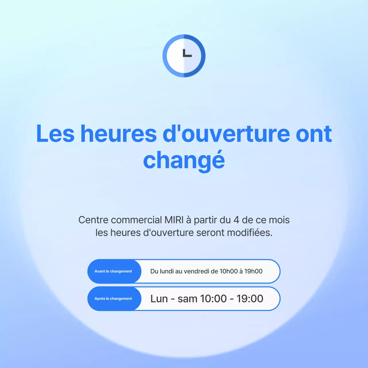 Avis de modification des heures d'ouverture en bleu simple et bleu clair