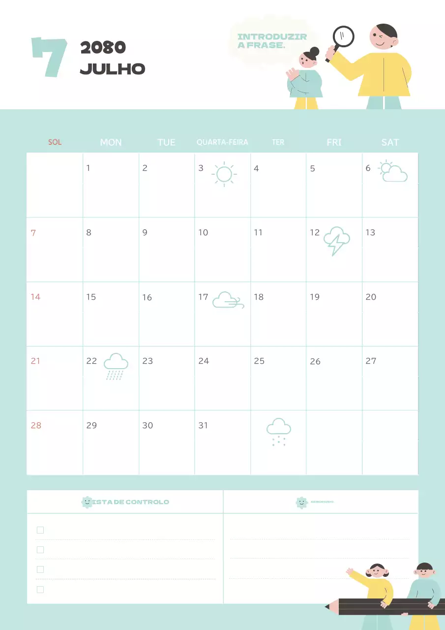 Calendário bonito em azul claro e amarelo.