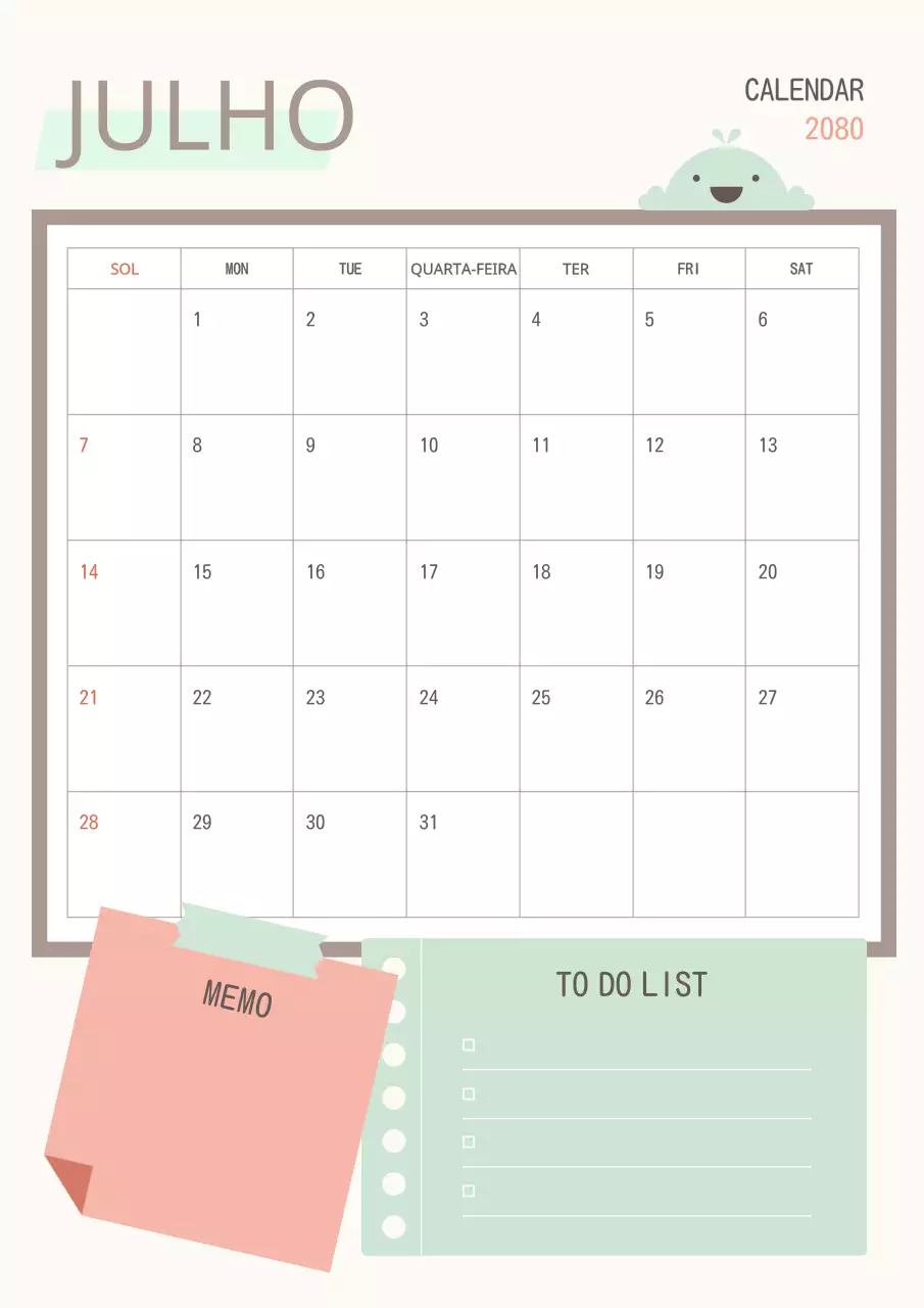 Um bonito calendário cor-de-rosa e verde.
