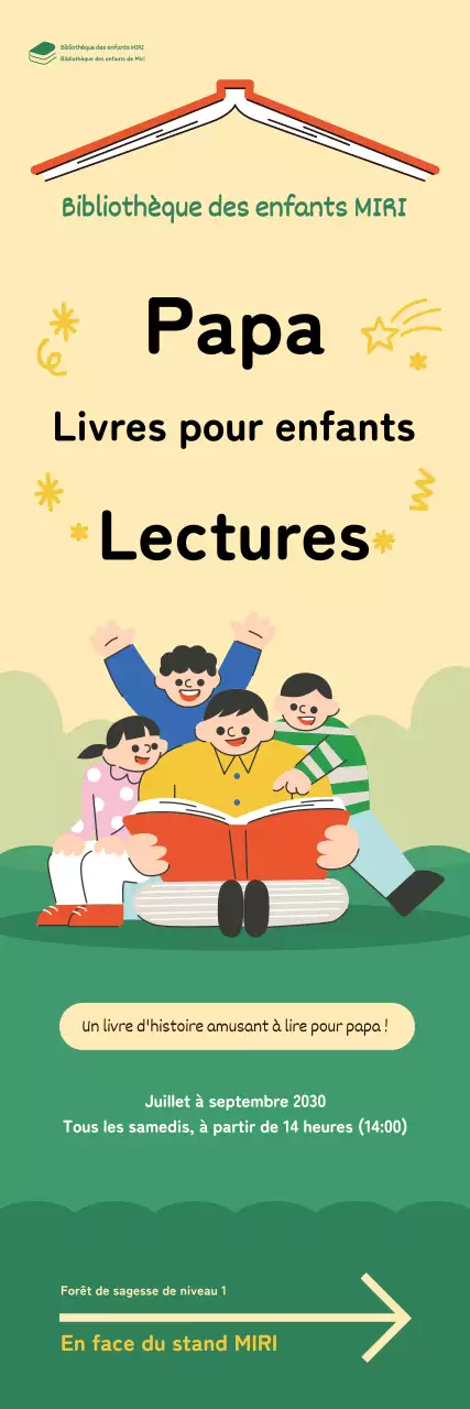 Bannière avec une illustration joyeuse d'un père lisant un livre à un enfant