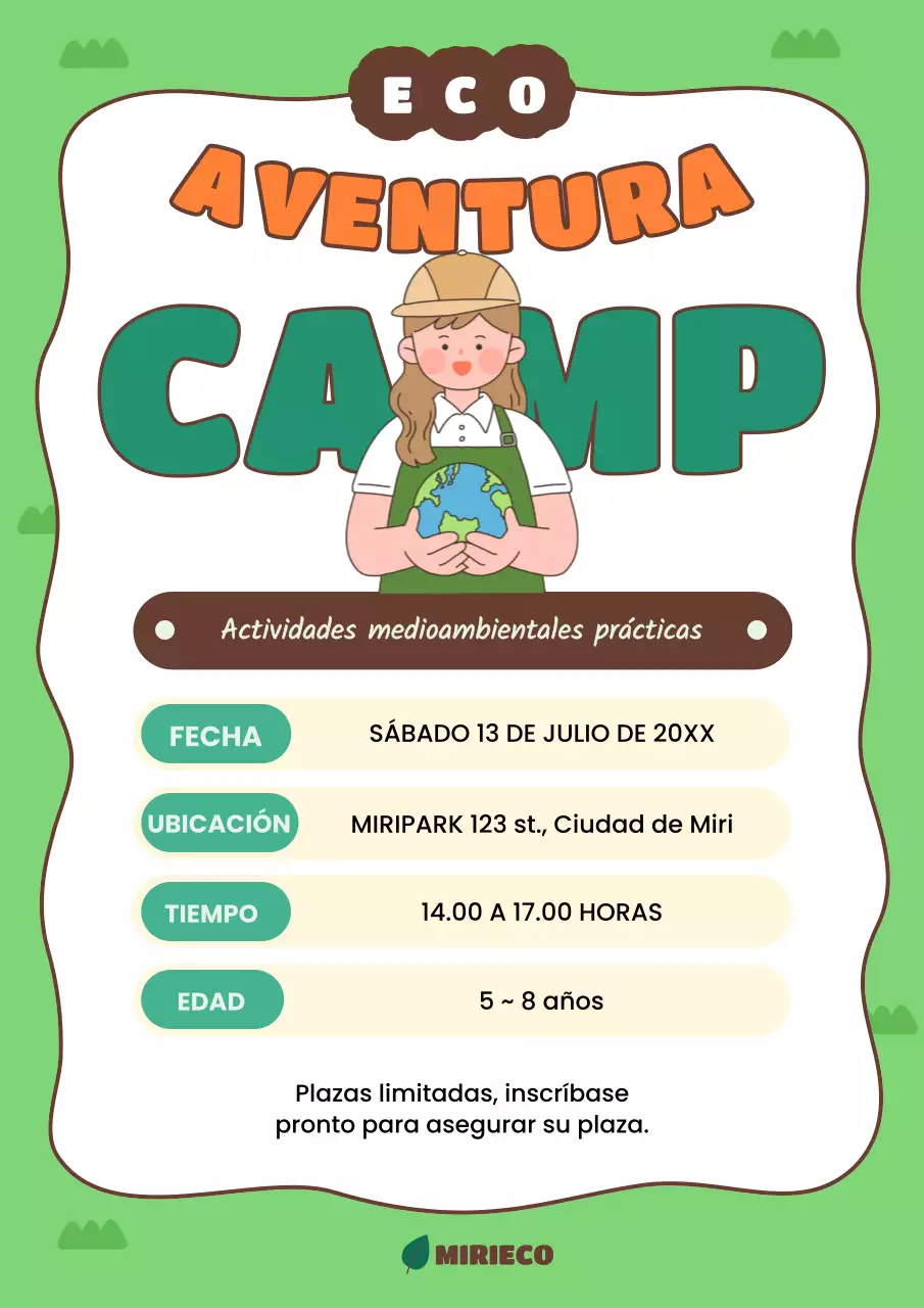 Anuncio del Campamento de Verano Verde y Naranja para el Cambio Medioambiental