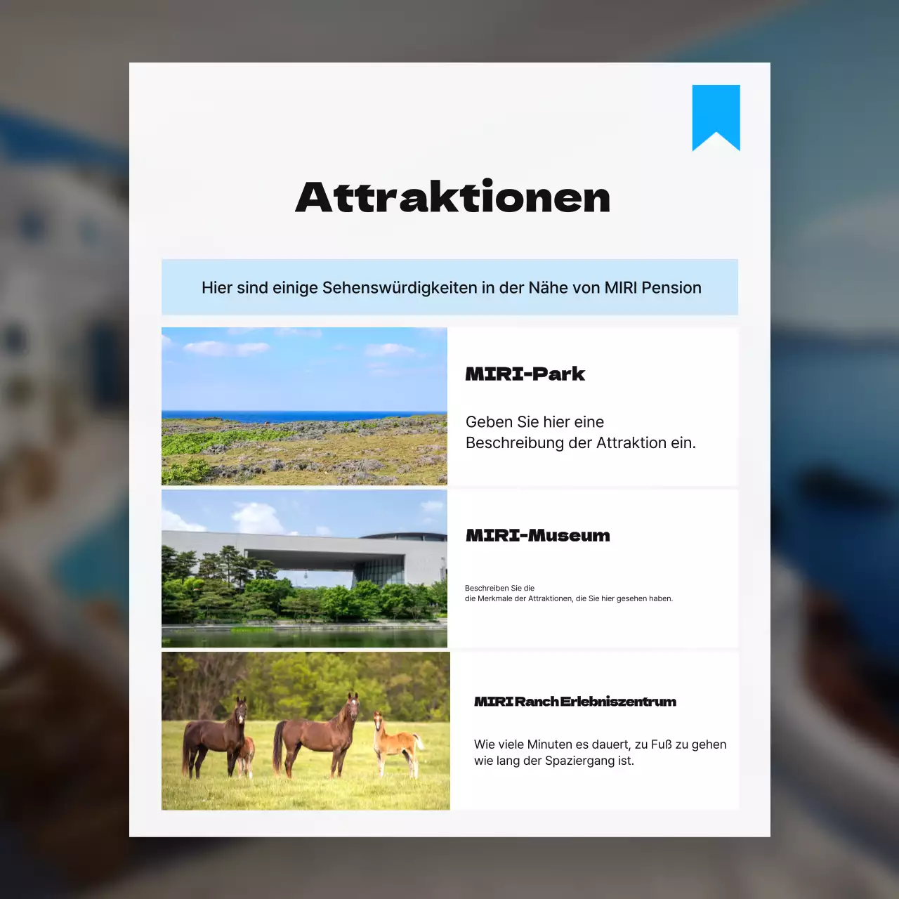 Bewerben Sie nahe gelegene Attraktionen in einem einfachen Farbschema aus Weiß und Hellblau