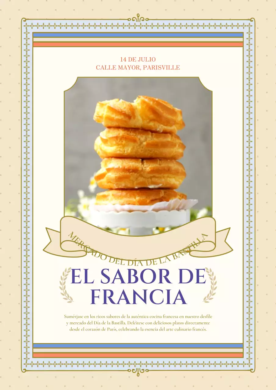 Un anuncio de un mercado de alimentación francés de lujo en beige y rojo.