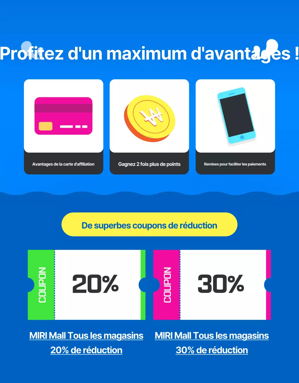 Publicité pour les soldes d'été dans un centre commercial de style tropical, en bleu et jaune