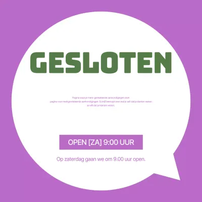 Een eenvoudige paarse en witte aankondiging van een winkelsluiting