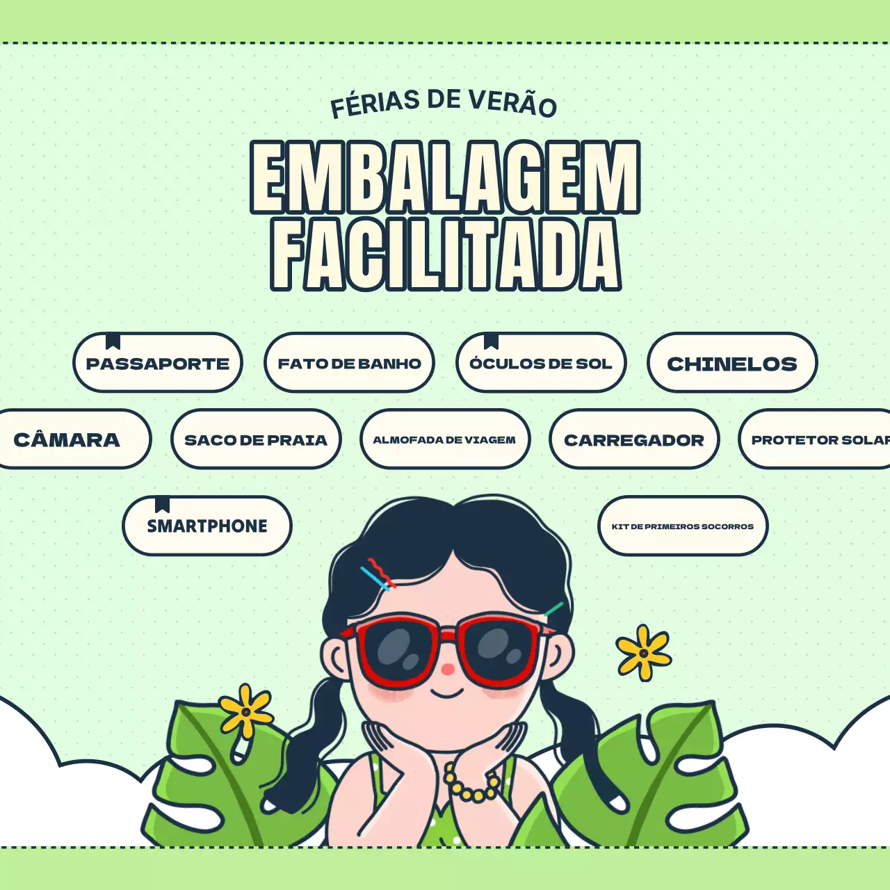 Um post sobre como se preparar para as férias de verão em tons de verde e amarelo