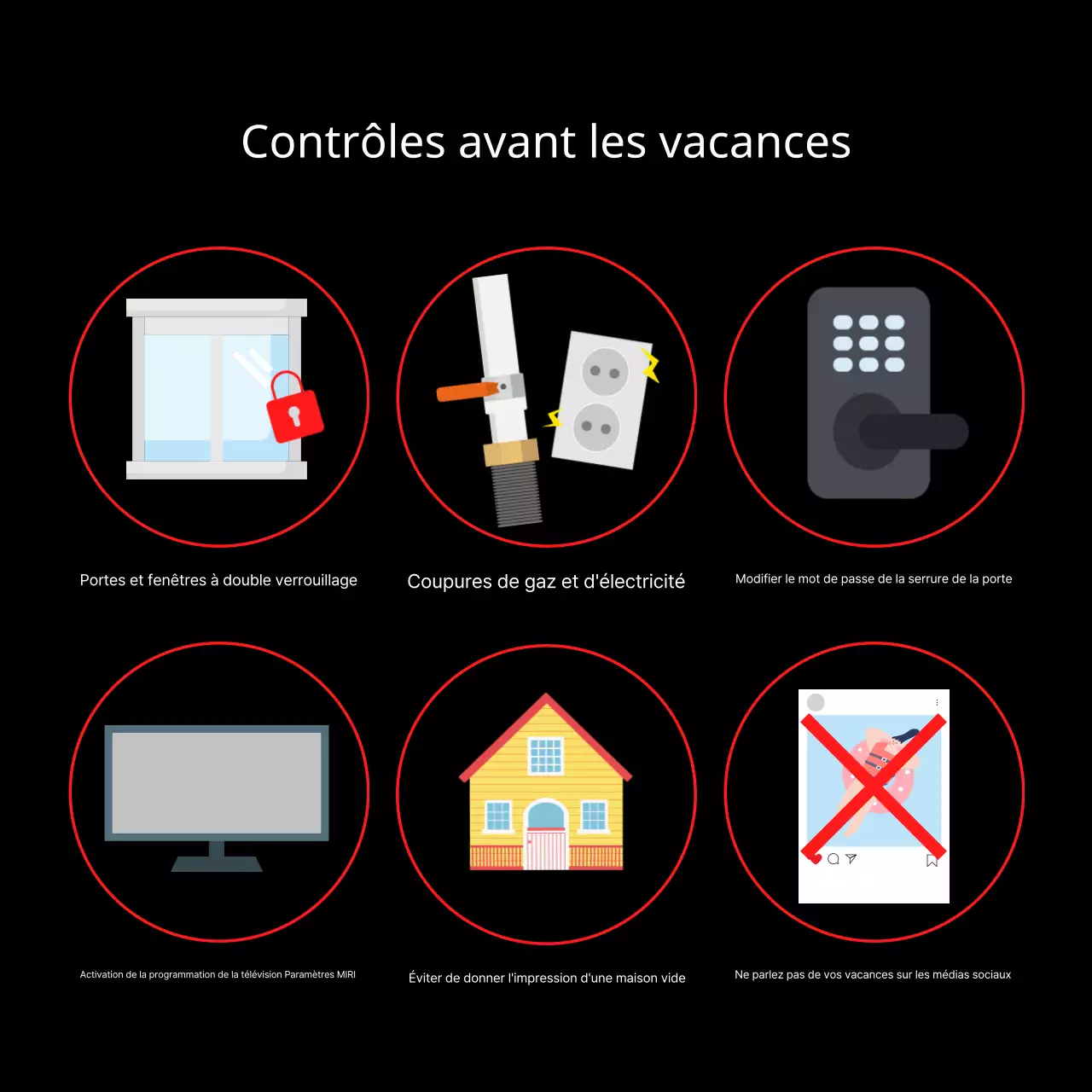 Conseils de sécurité en cas de vol pendant les vacances, soulignés en rouge et noir