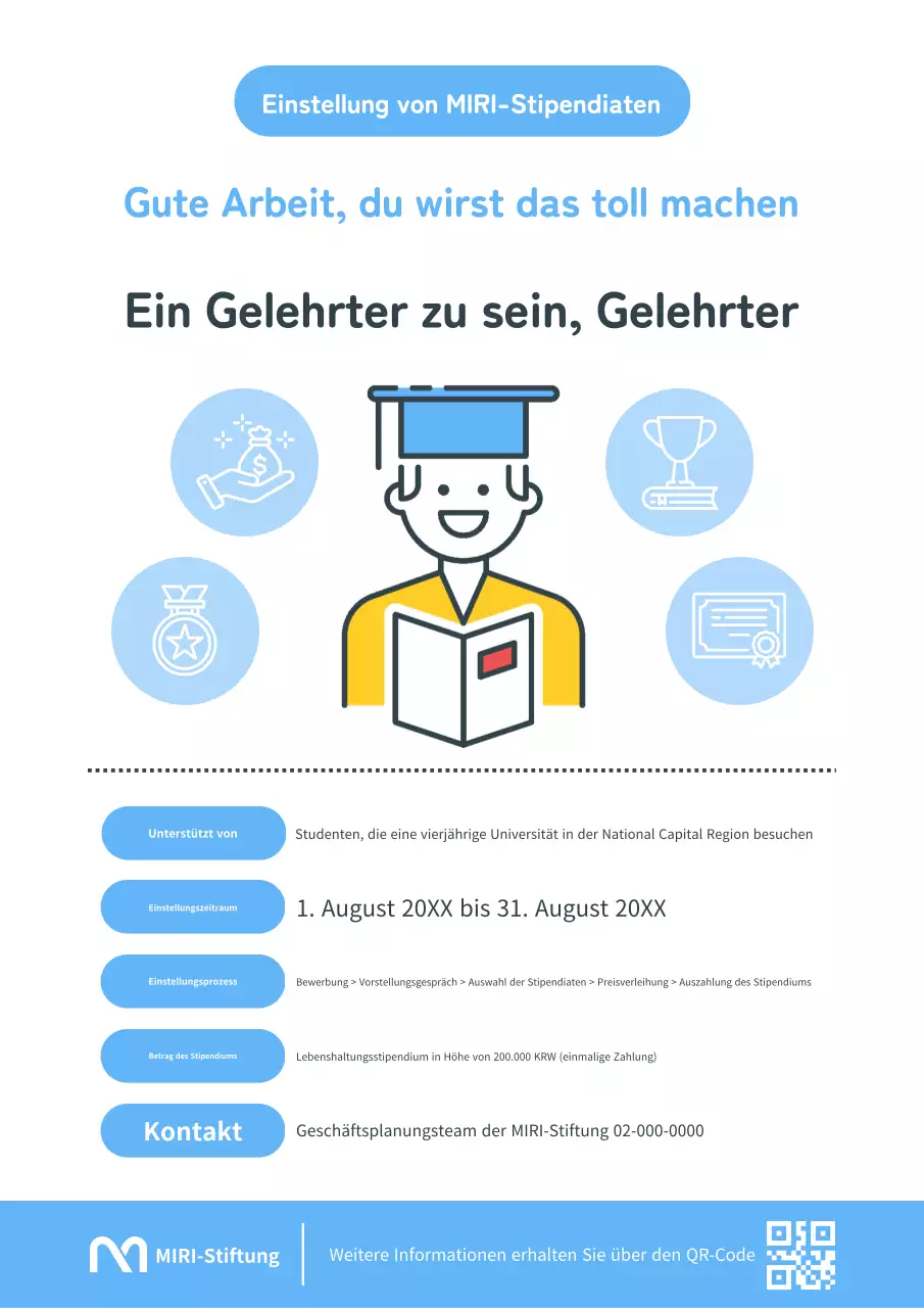 Eine einfache hellblau-weiße Stipendienanzeige