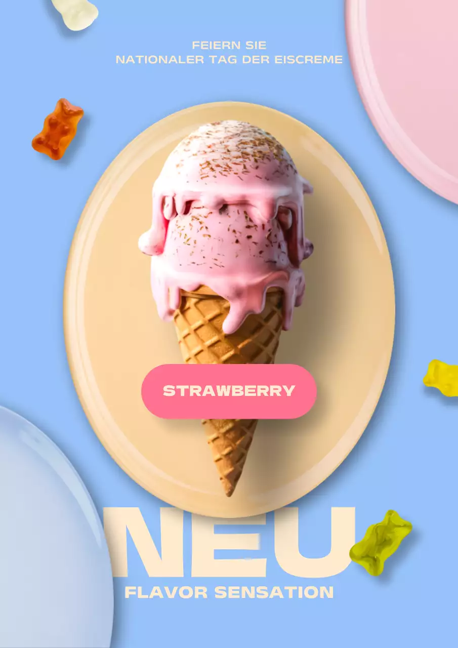 Anzeige für eine neue Eiskarte mit hellblauen und rosa Akzenten
