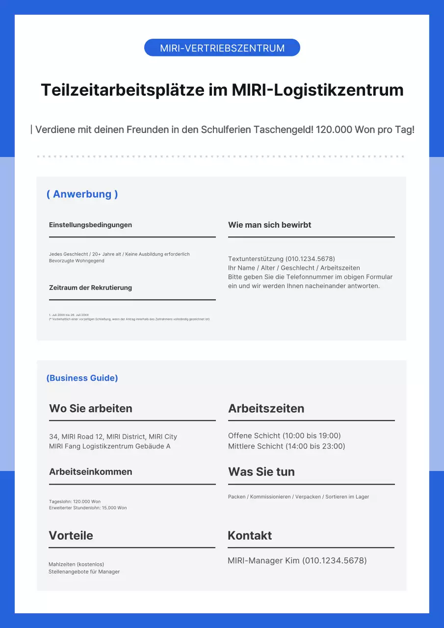 Einfacher blauer und schwarzer Leitfaden für Stellenausschreibungen im Lager