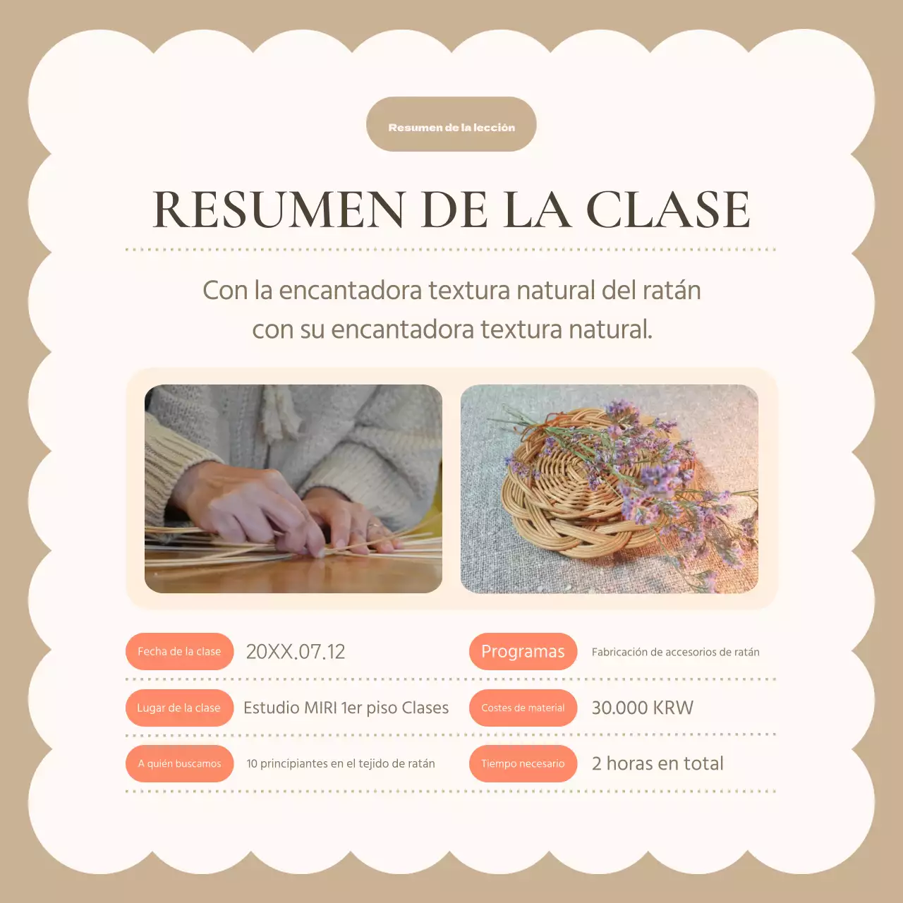 Una guía de artesanía de ratán en marrón y marfil, un accesorio de interior de moda en verano Una clase de un día de artesanía de ratán