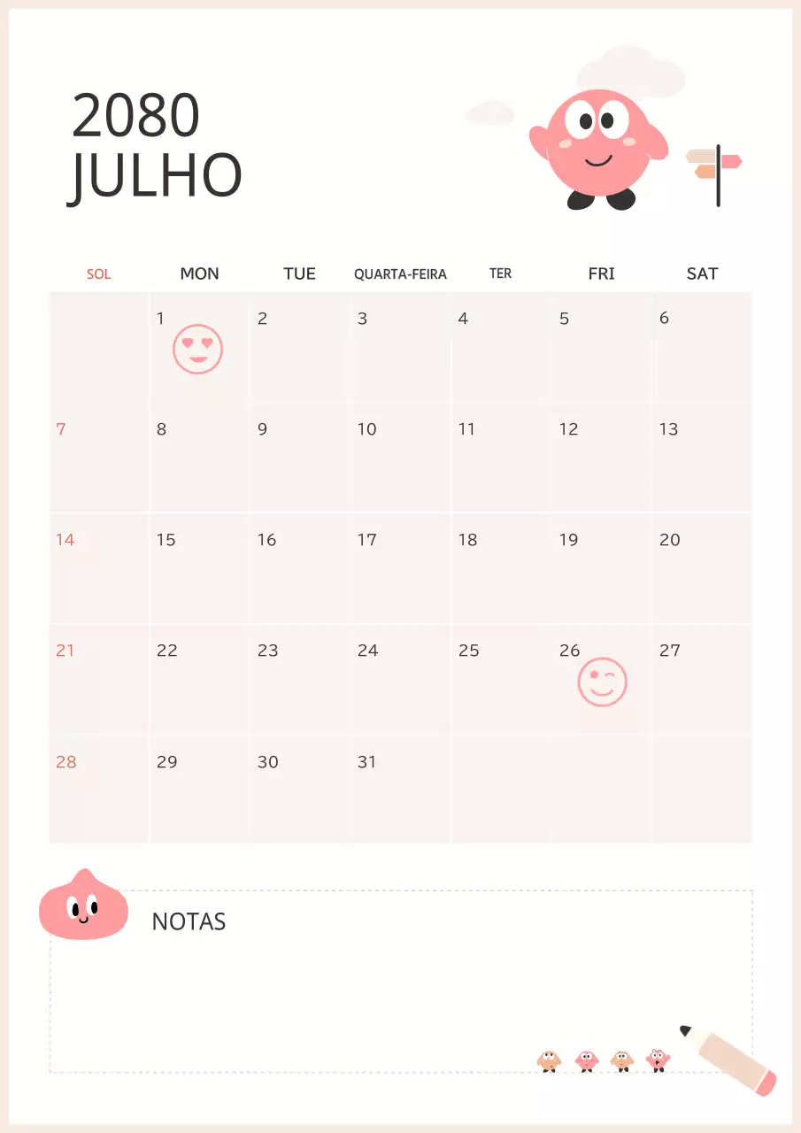Um bonito calendário cor-de-rosa e branco.
