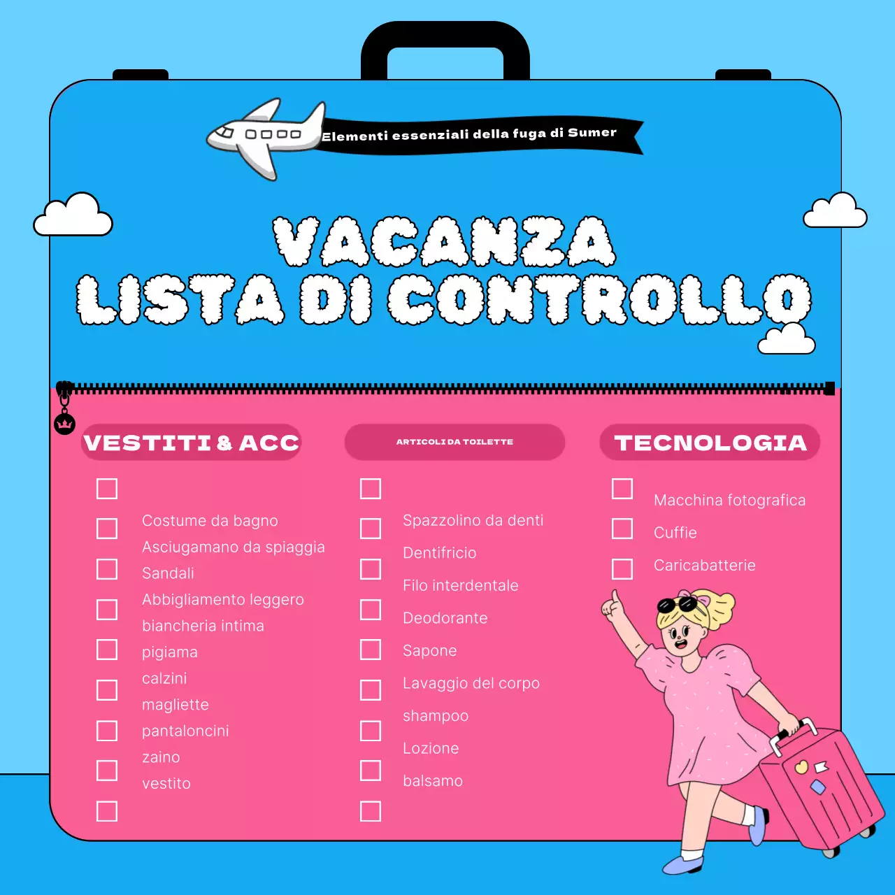 Un'introduzione alla lista di controllo delle valigie estive in stile pop-art, in azzurro e rosa acceso.