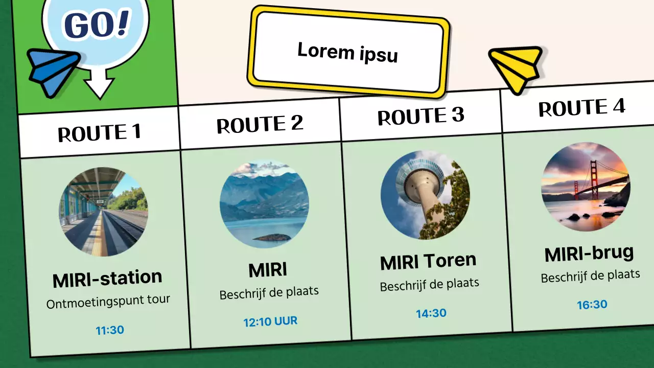 Promoten van binnenlandse pakketreizen in groen en blauw, bordspelstijl