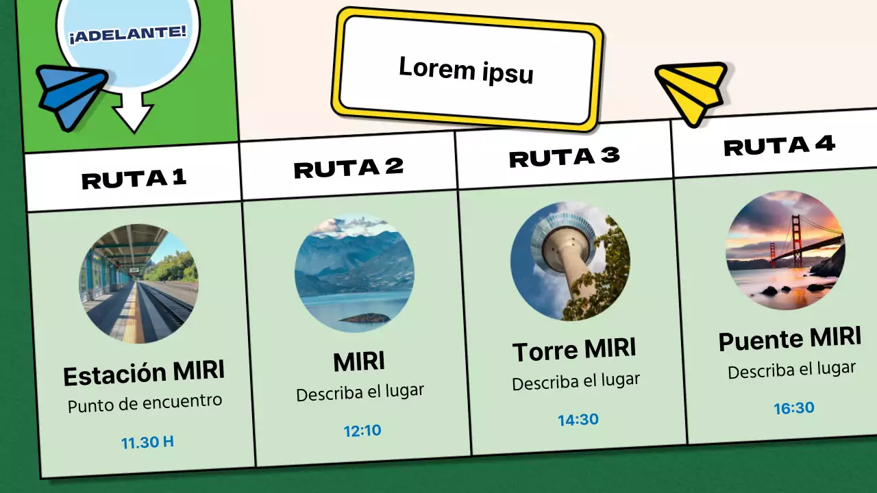 Promoción de viajes combinados nacionales en verde y azul, al estilo de los juegos de mesa