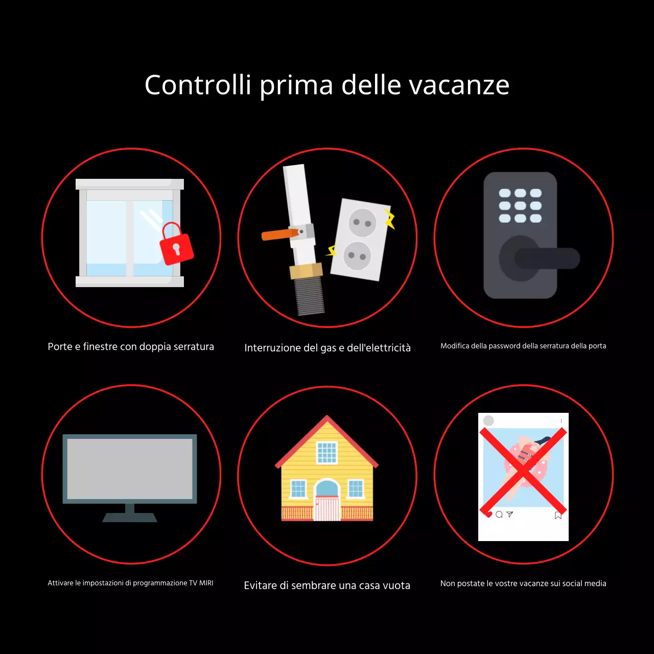 Consigli per la sicurezza contro i furti durante le vacanze evidenziati in rosso e nero