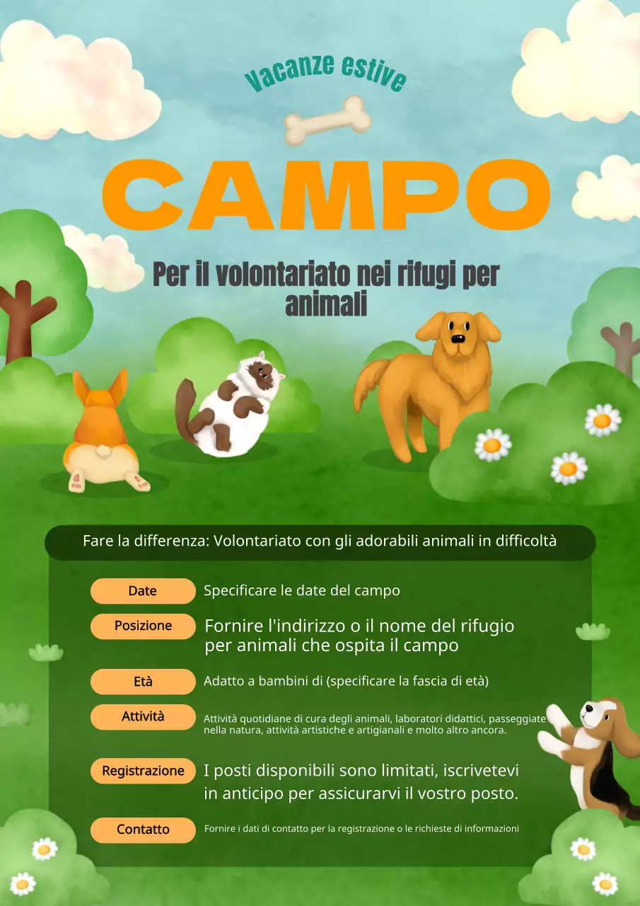 Promuovere i campi estivi verdi e arancioni presso il Centro per la cura degli animali.