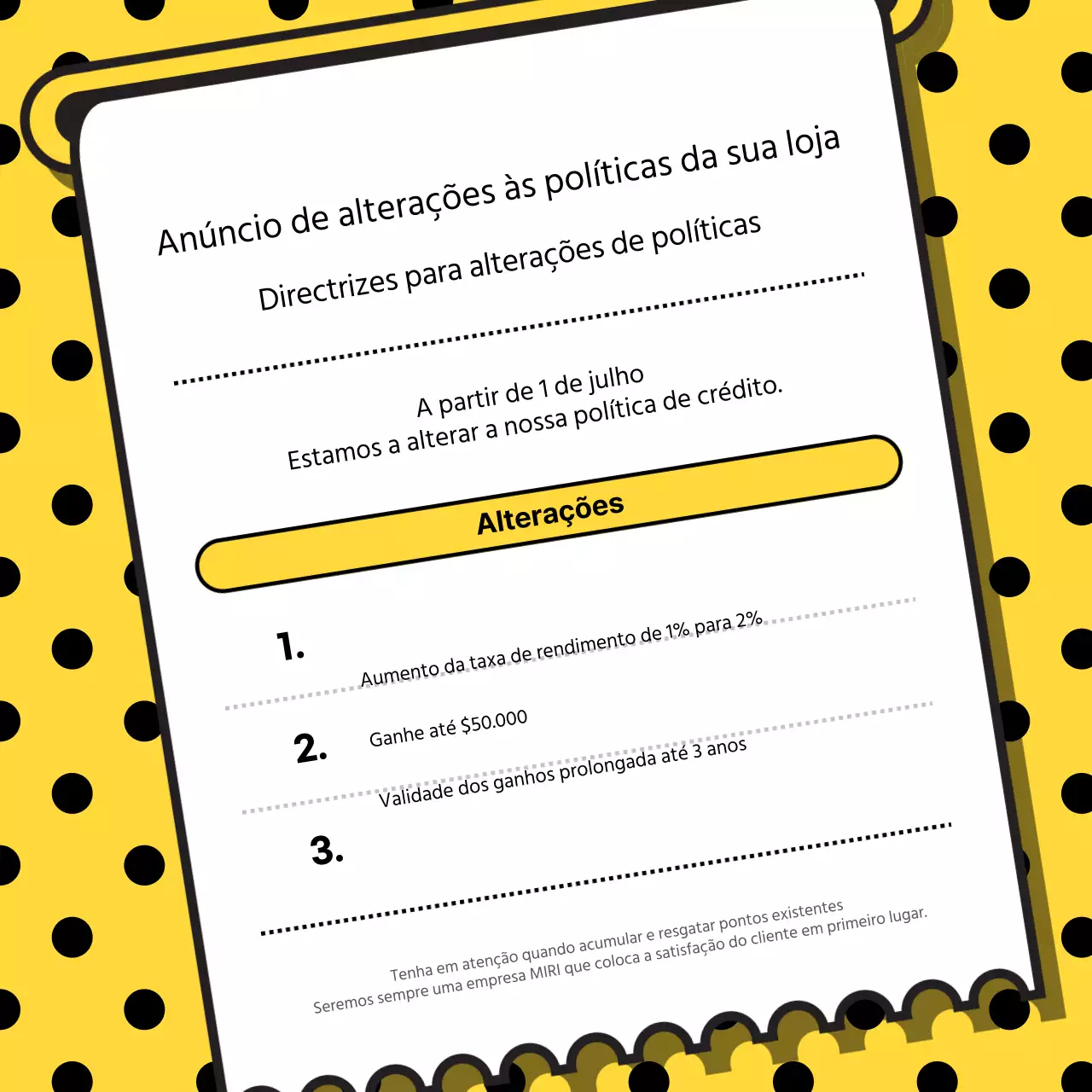 Anúncio de uma alteração às nossas políticas de loja simples a amarelo e preto