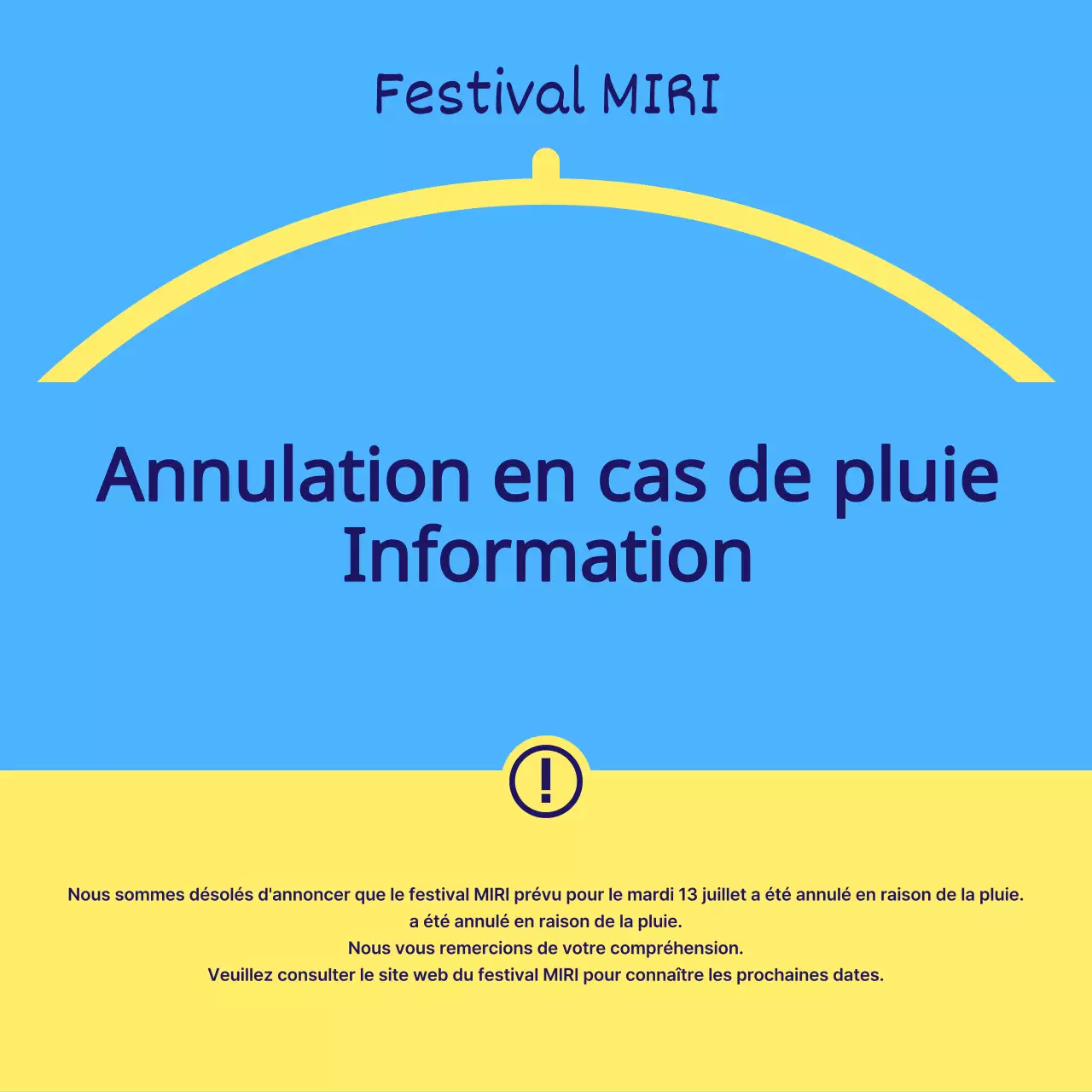 Avis d'annulation de la pluie pour le festival simple jaune et bleu clair