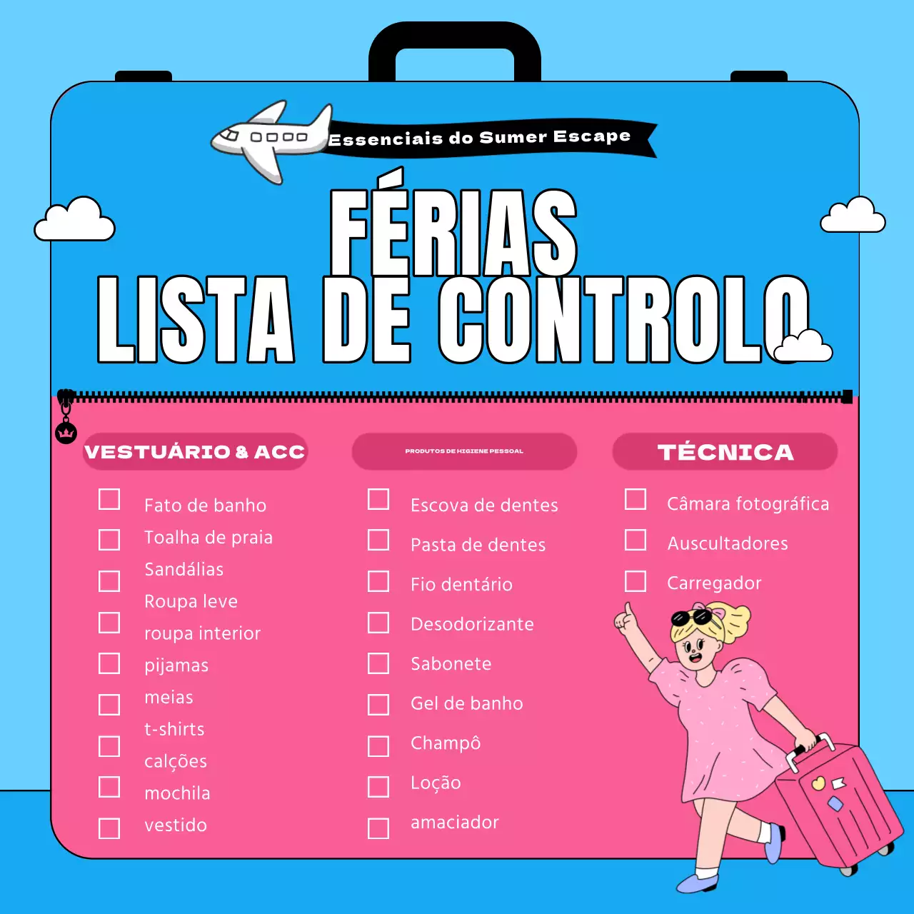 Uma introdução a uma lista de verificação pop-art para as malas de verão em azul claro e rosa choque