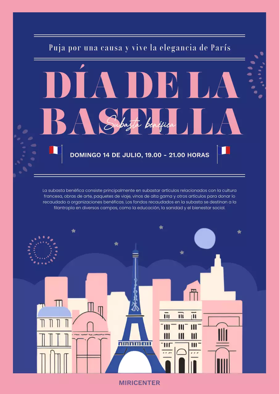 Promueva una moderna subasta benéfica del Día de la Revolución Francesa en azul marino y rosa