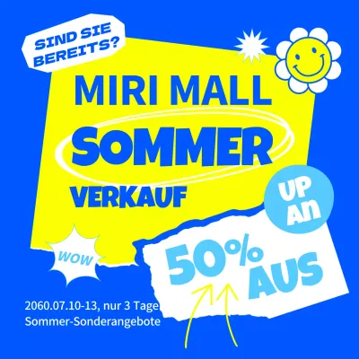Werbung für einen kitschigen Verkauf in Gelb und Blau