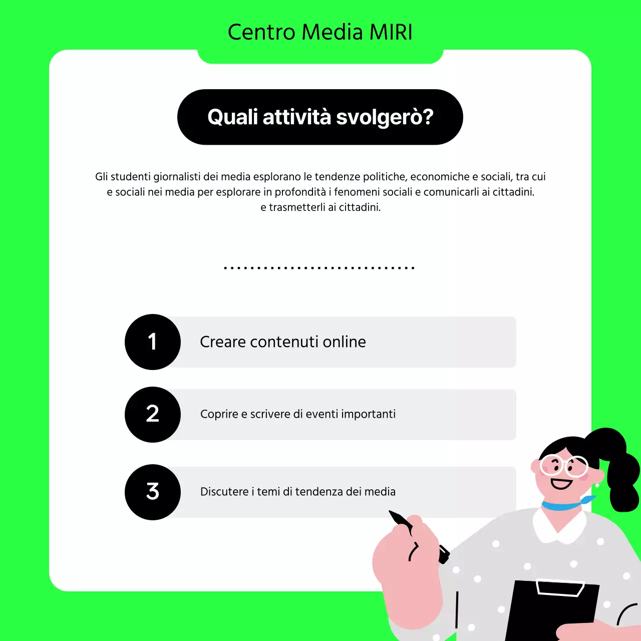 Un semplice appello ai giornalisti universitari in verde lime e nero