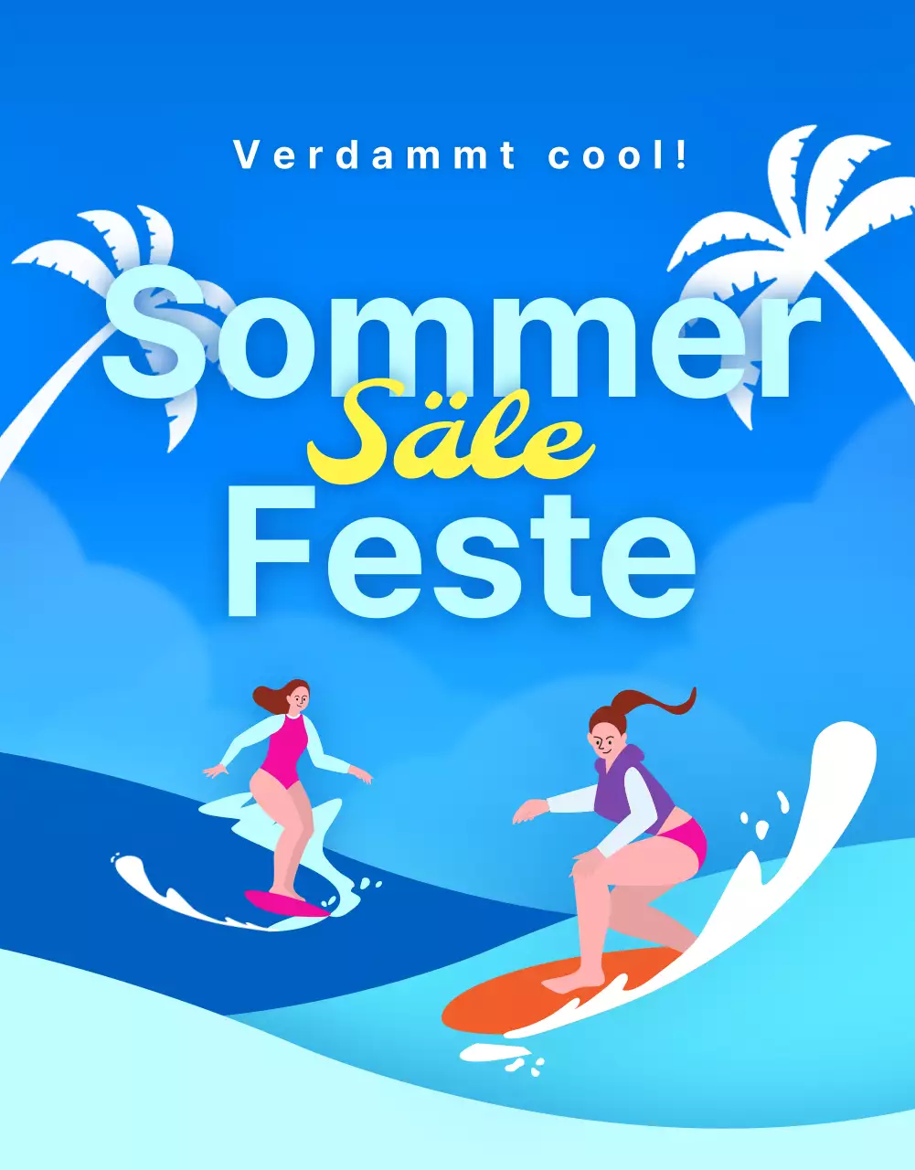 Werbung für den Sommerschlussverkauf in einem Einkaufszentrum im tropischen Stil in Blau und Gelb