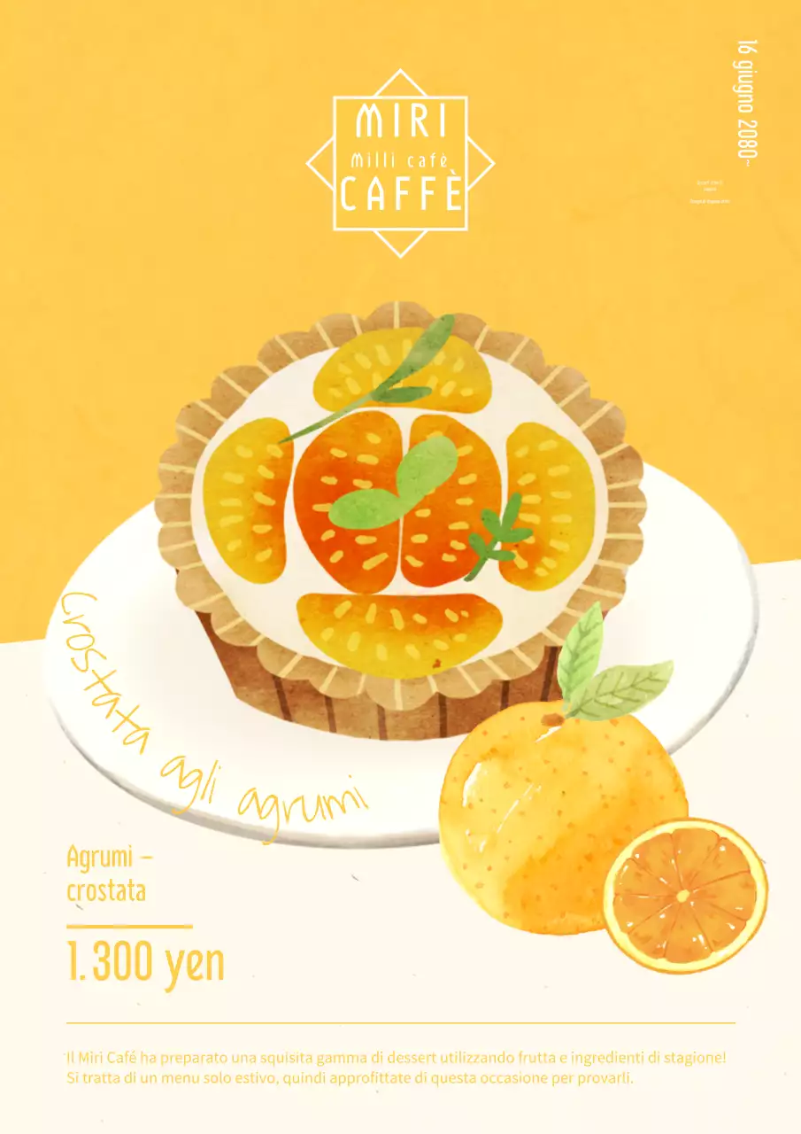 Pubblicità per un delizioso menu di dessert estivi in giallo e bianco.