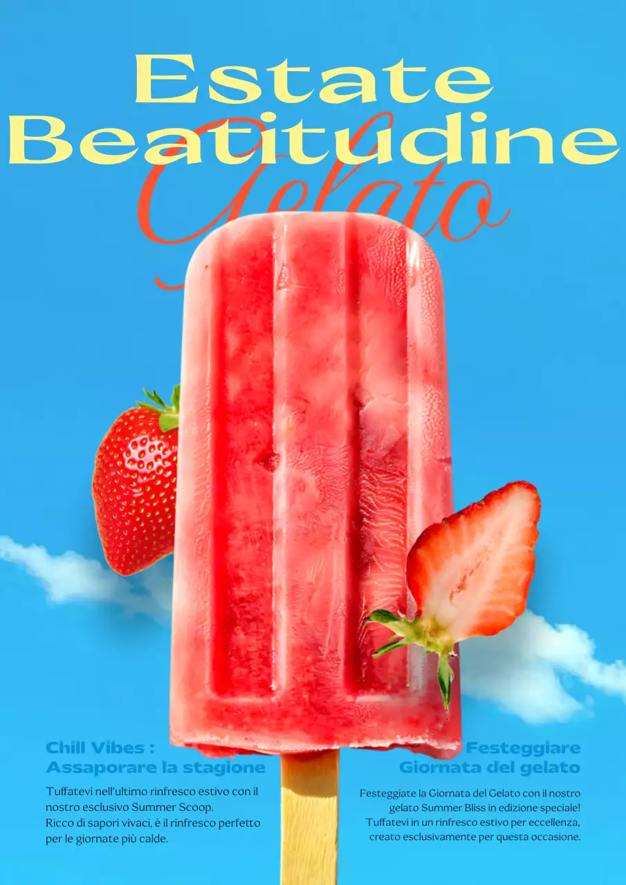 Annuncio del menu della gelateria con accenti rossi e blu