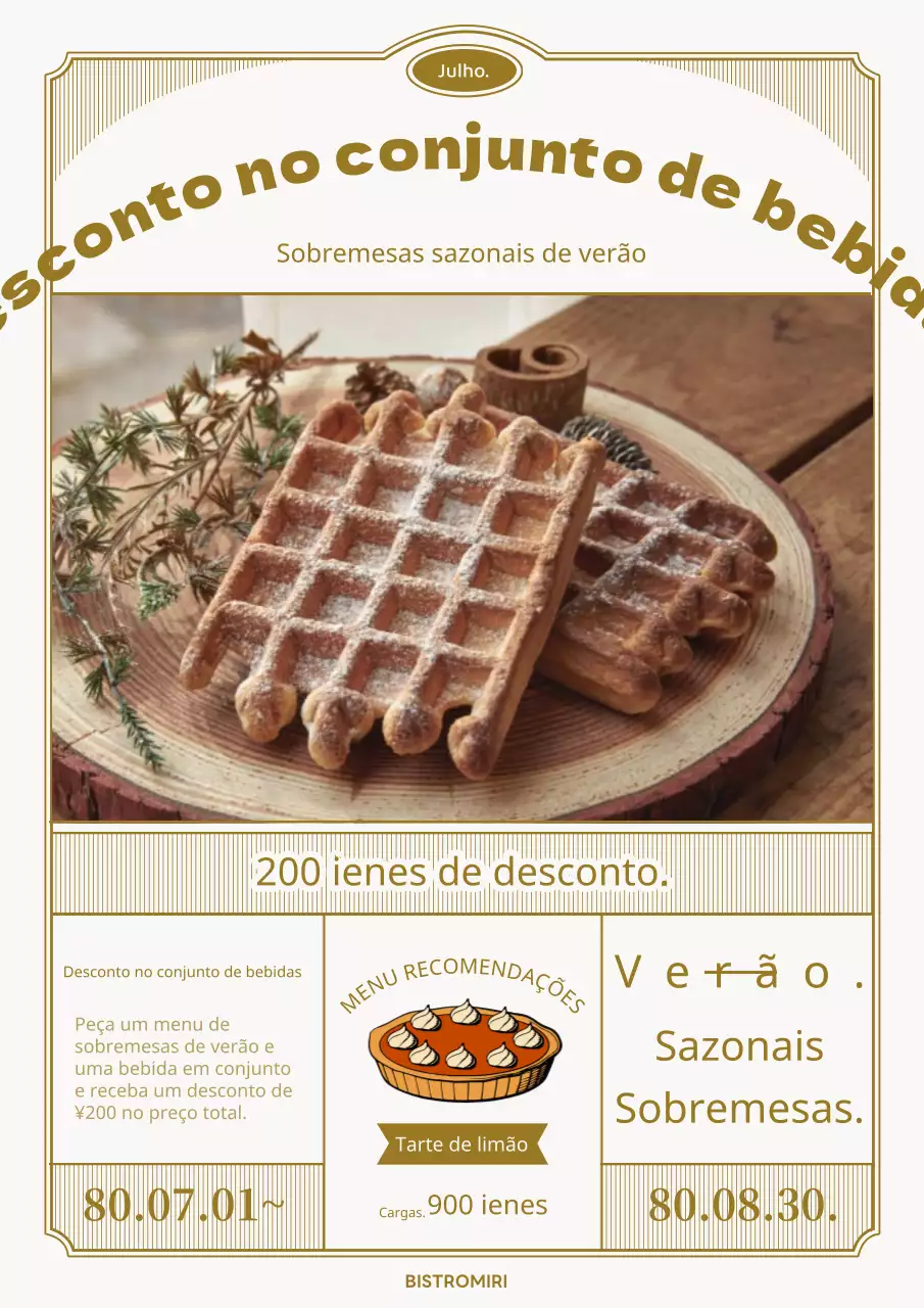 Promoção clássica de sobremesas de verão em dourado e branco