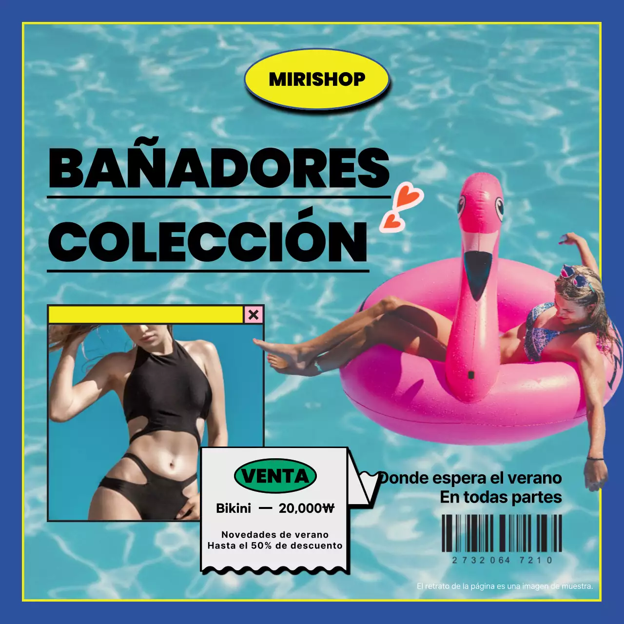 Promociona una colección kitsch de bañadores de verano en azul claro y rosa fuerte