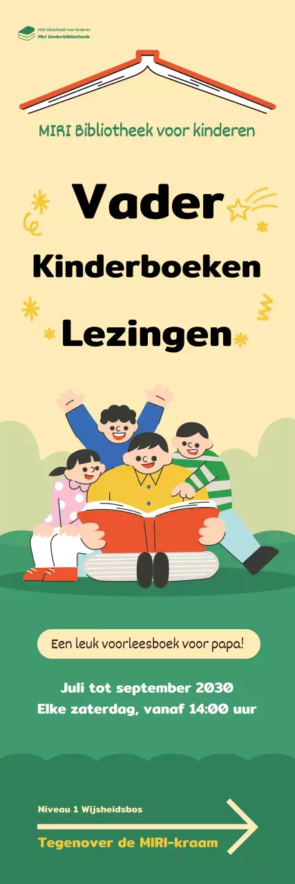 Banner met een vrolijke illustratie van een vader die een boek voorleest aan een kind