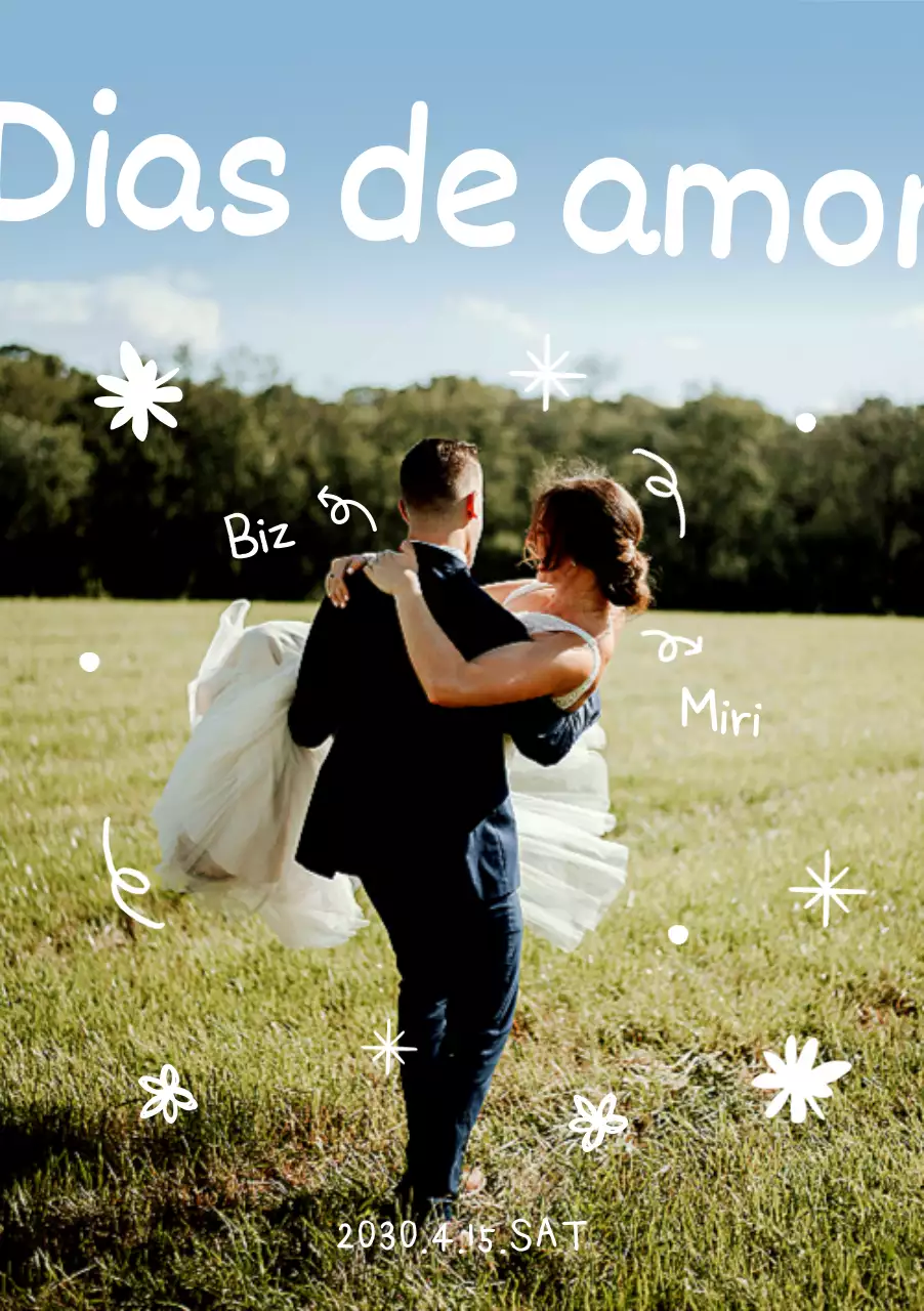 Cartaz tridimensional de casamento natural e giro desenhado à mão