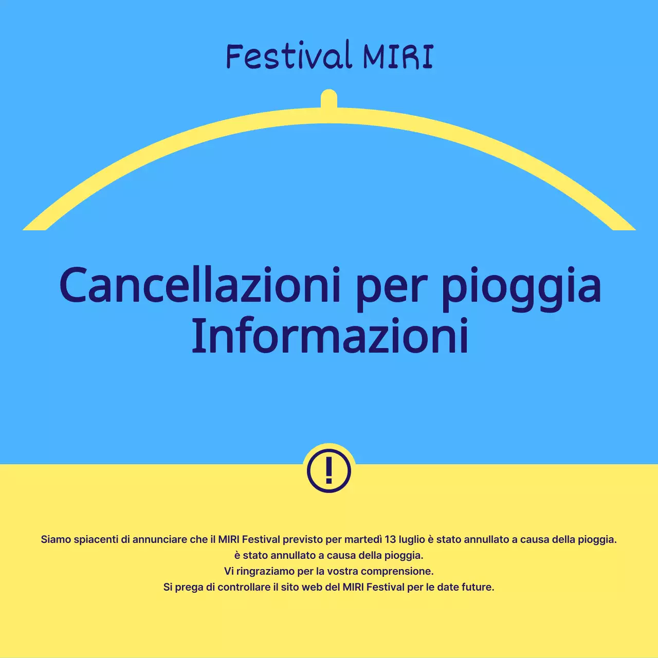 Semplice avviso di cancellazione per pioggia del festival giallo e azzurro