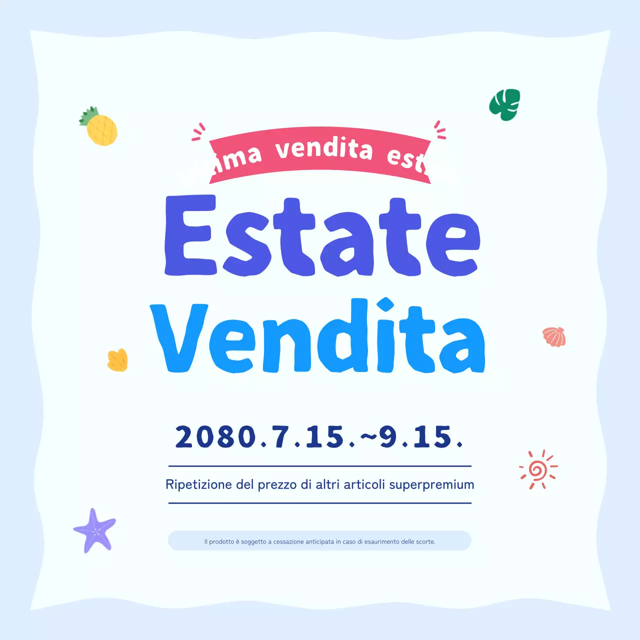 Belle pubblicità di sconti estivi di colore blu e azzurro.