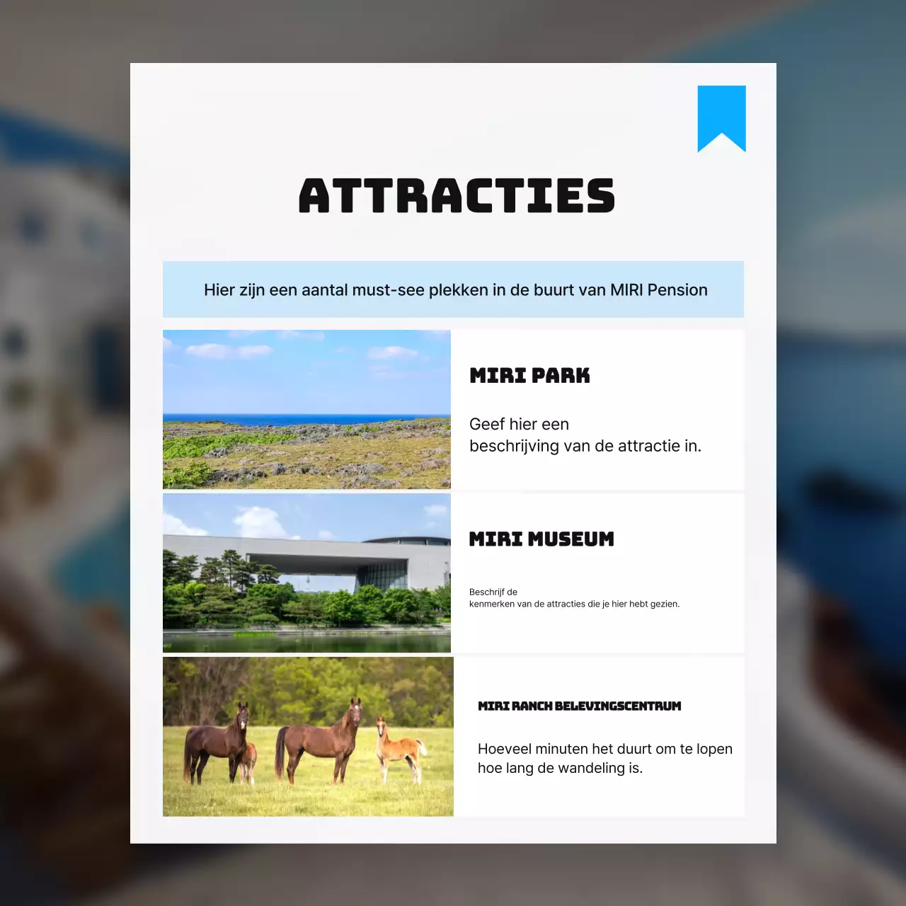 Promoot attracties in de buurt in een eenvoudig wit en lichtblauw kleurenschema