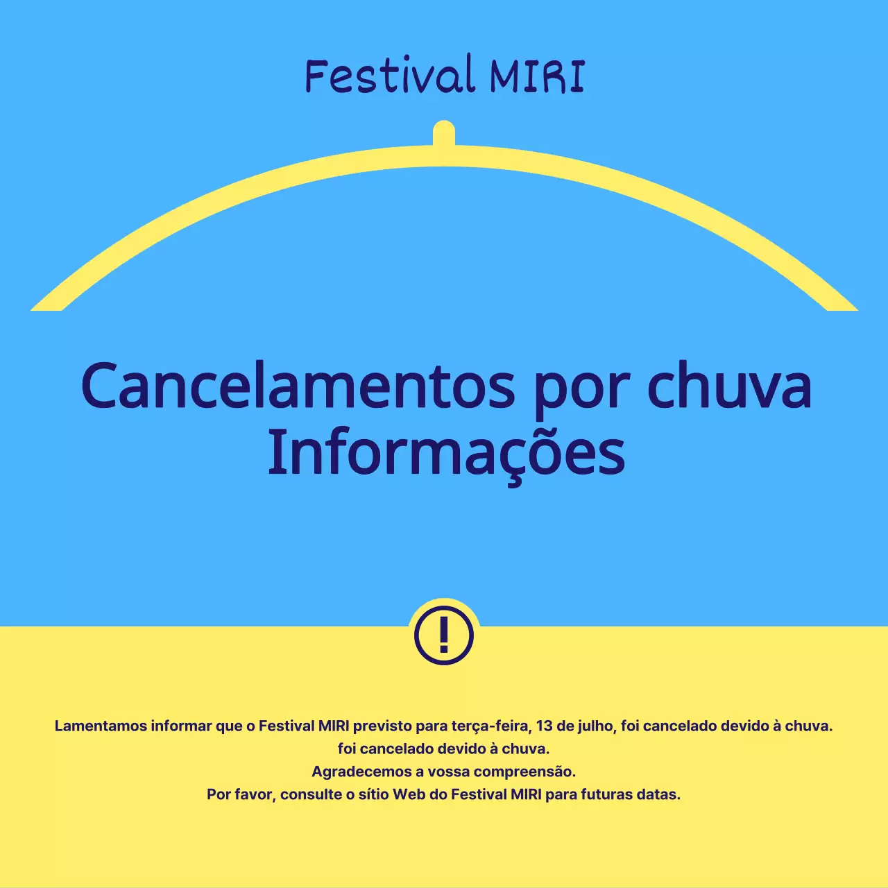 Aviso de cancelamento de chuva para festival simples amarelo e azul claro