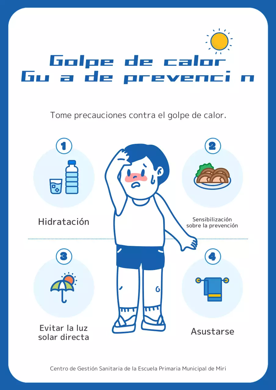 Material educativo sobre la prevención de los golpes de calor en azul y blanco