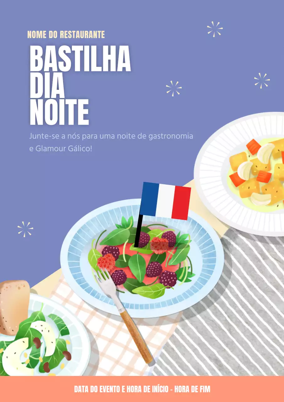 Anúncios de restaurantes do Dia da Revolução em azul e cor-de-rosa