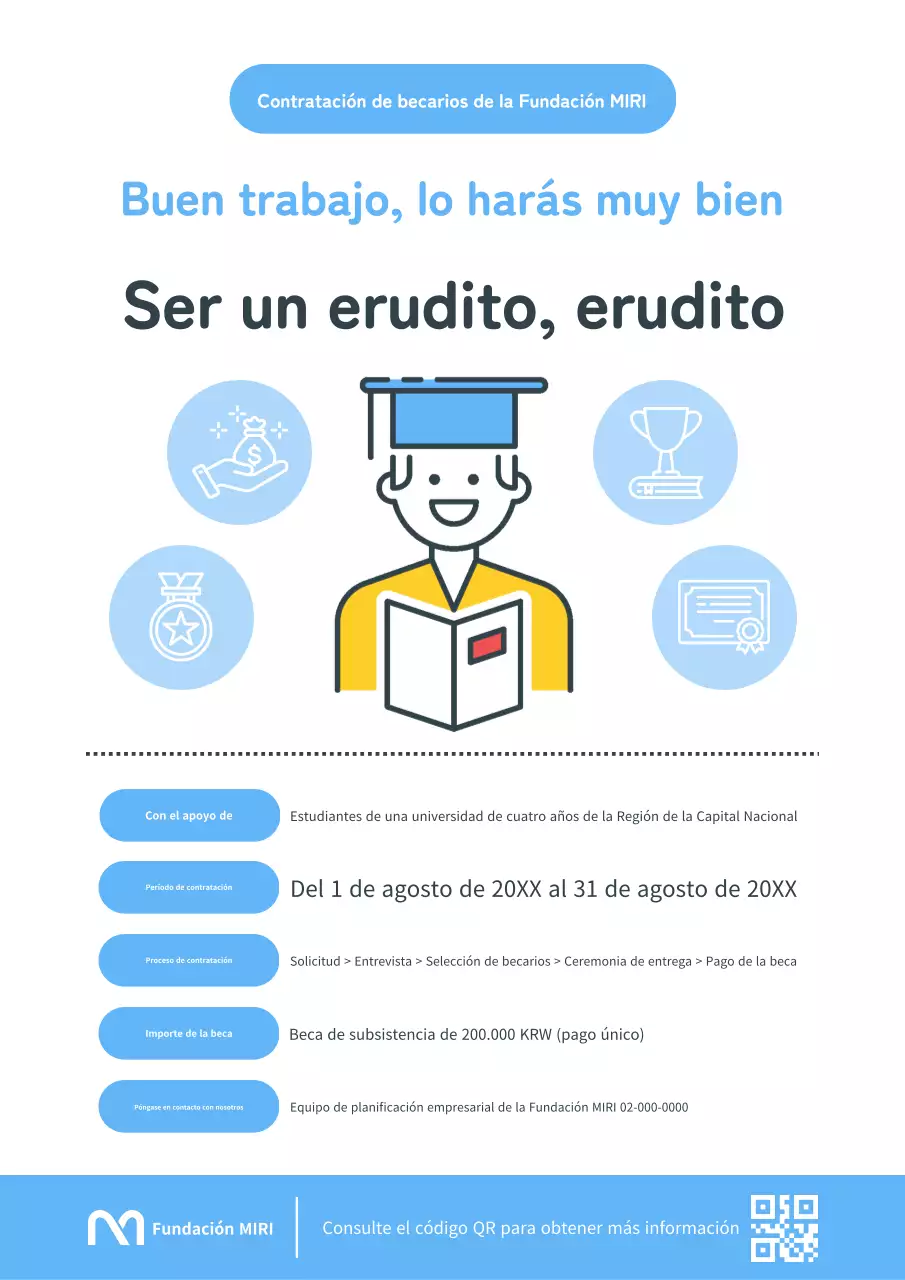 Un sencillo anuncio de beca en azul claro y blanco