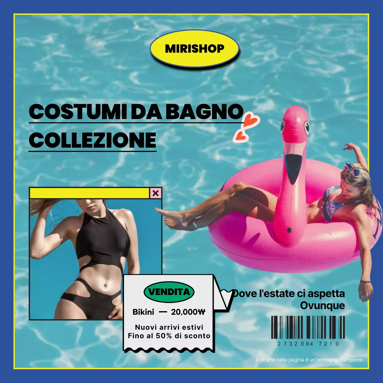 Promuovere una collezione di costumi da bagno estivi kitsch in azzurro e rosa caldo