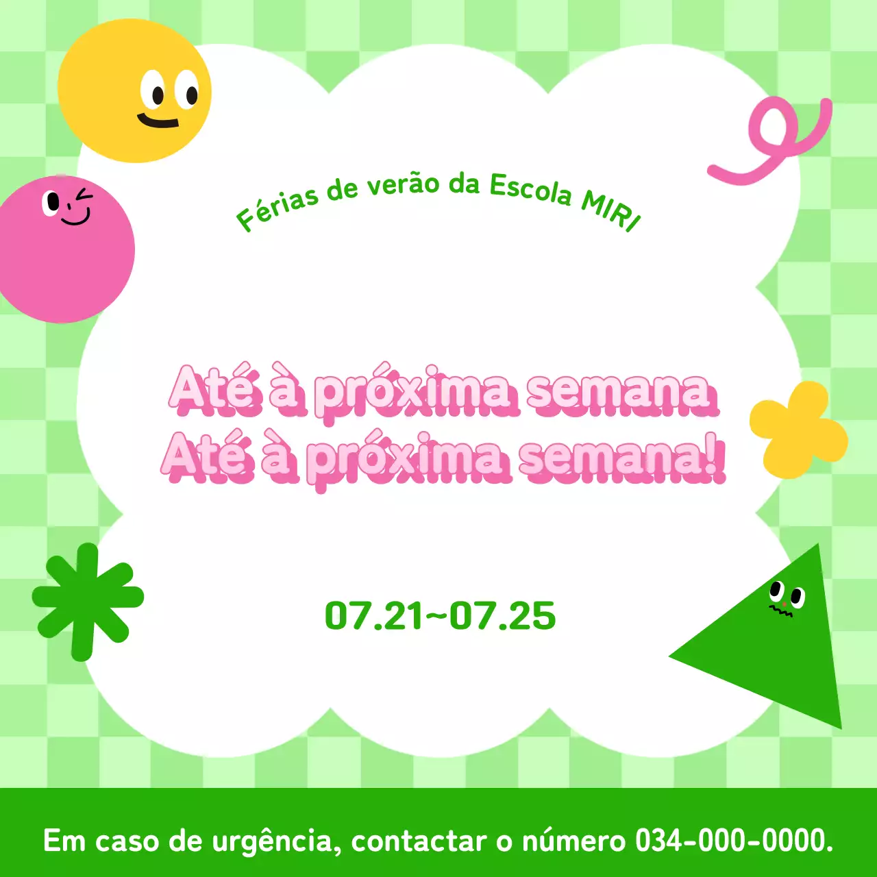 Anúncio de férias de verão de uma escola encantadora em verde e cor-de-rosa