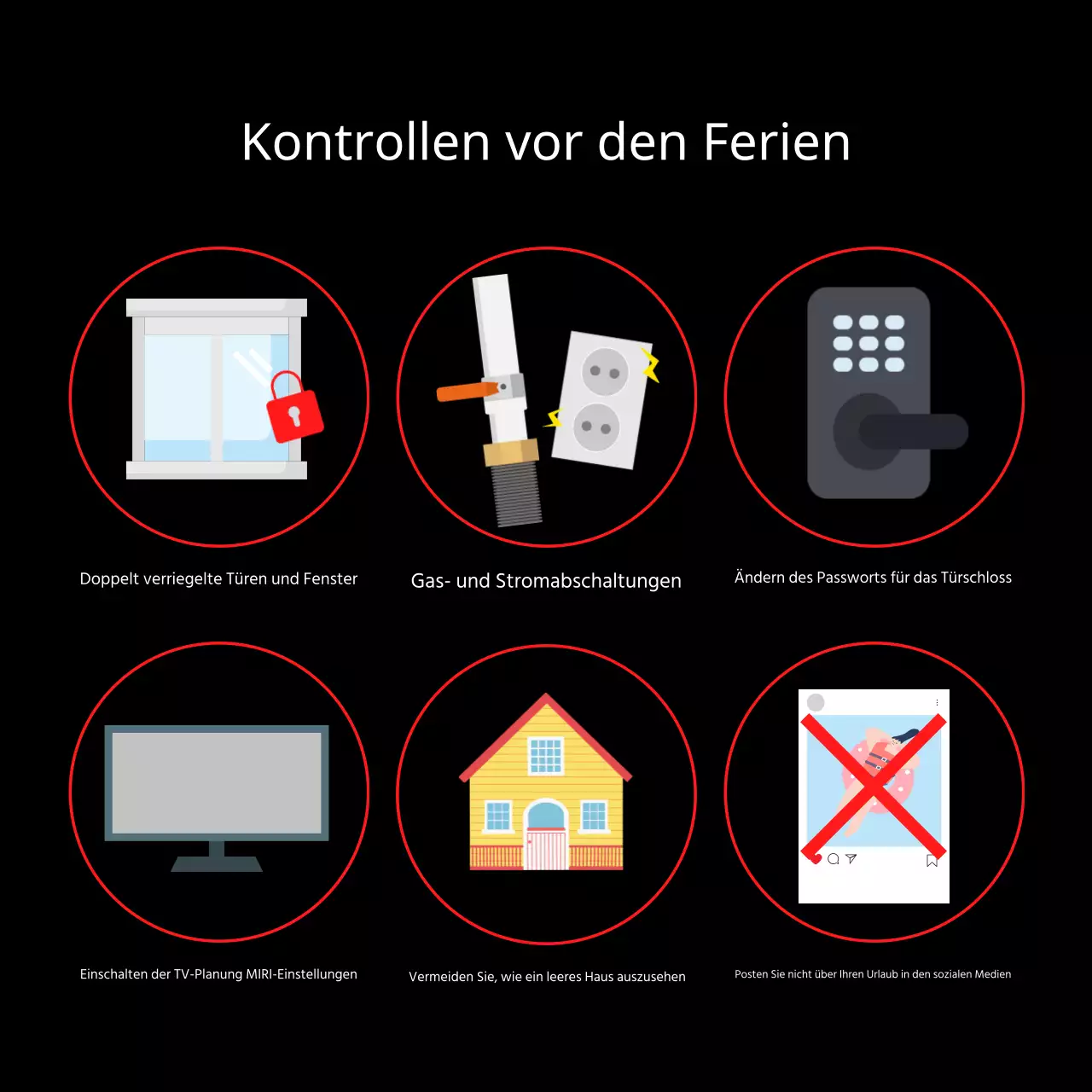 Rot und schwarz hervorgehobene Sicherheitstipps für Urlaubsdiebstähle