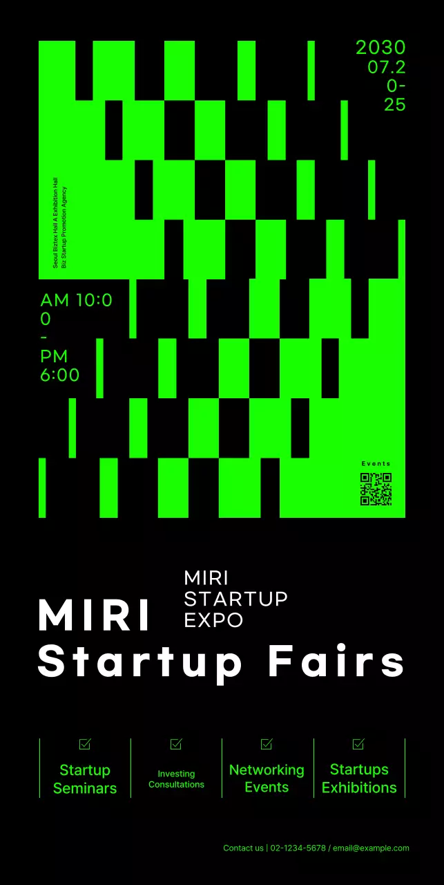 Startup fair banner with neon shapes graphics