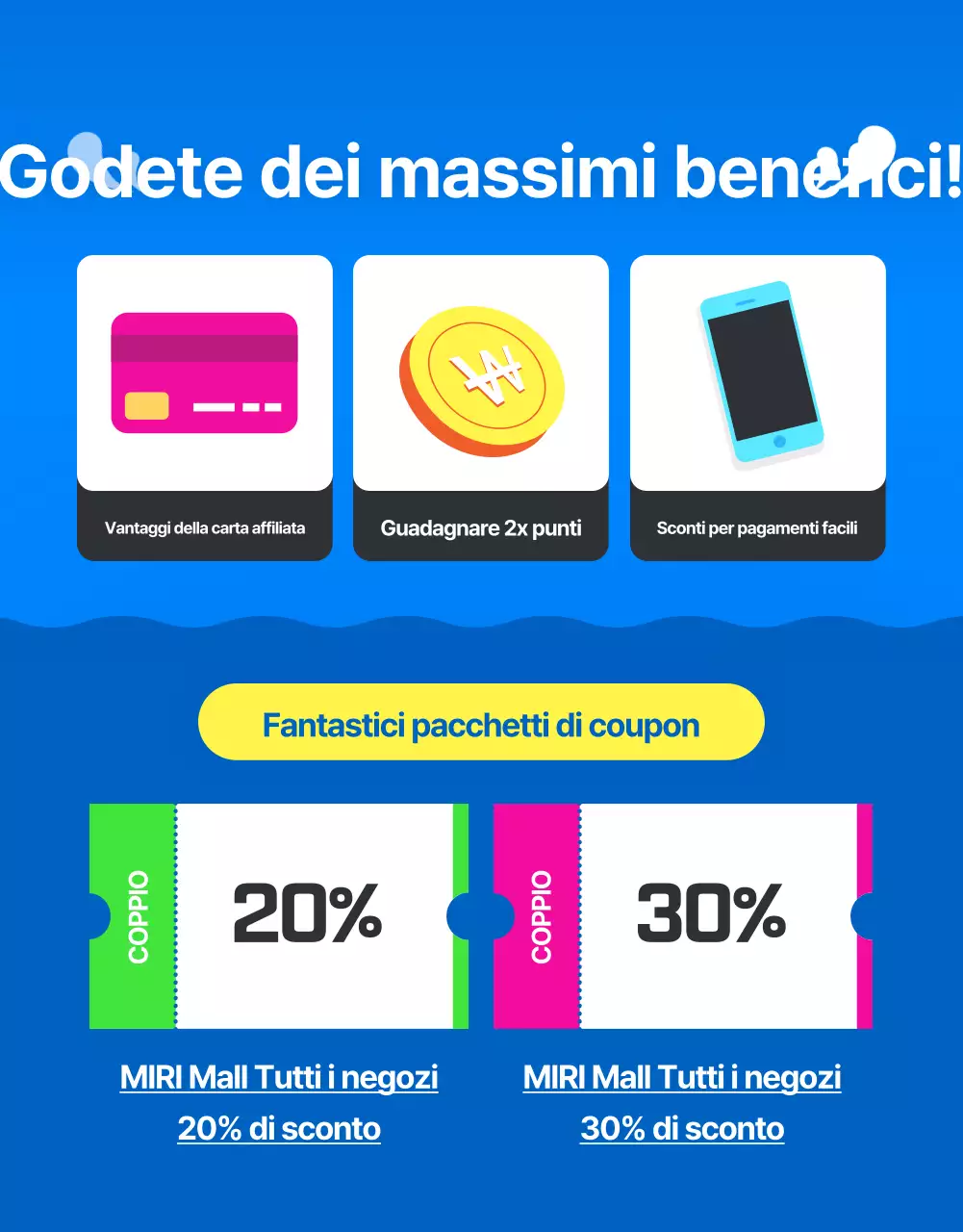 Pubblicità dei saldi estivi del centro commerciale in stile tropicale in blu e giallo