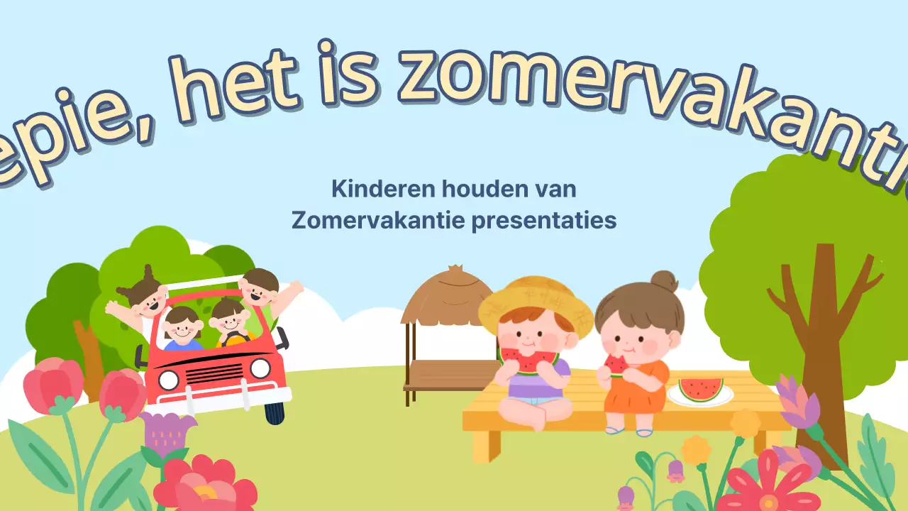 Een lichtblauwe en chartreuse zomervakantiepresentatie voor scholen