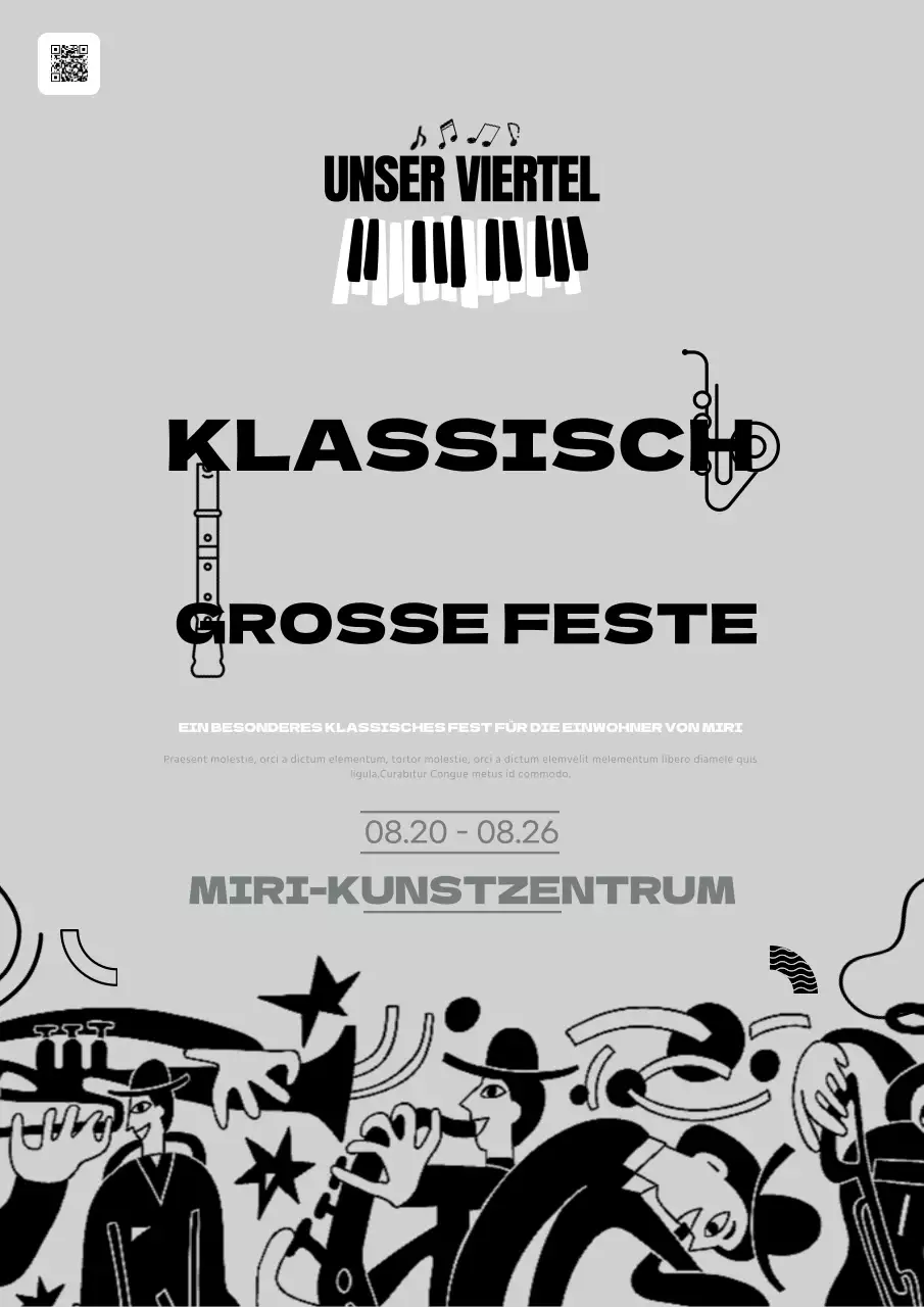 Werbung für ein lokales klassisches Festival in Grau und Schwarz